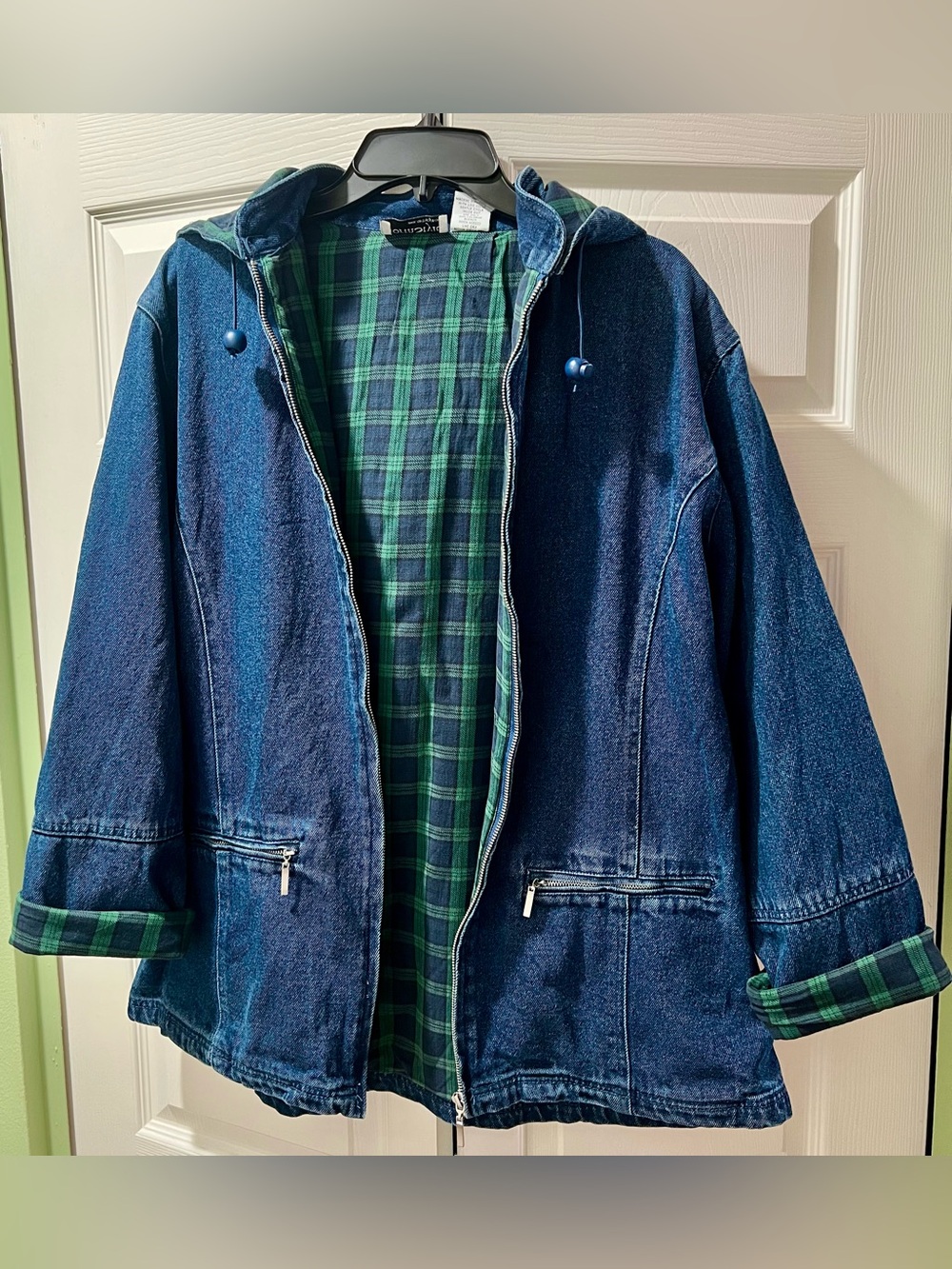 NorthStyle Vintage Navy Denim Jacket with Green Plaid Lining